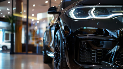 Fototapeta premium Closeup new black car parked in luxury showroom. Car dealership office. New car parked in modern showroom. Car for sale and rent business. Automobile leasing and insurance background