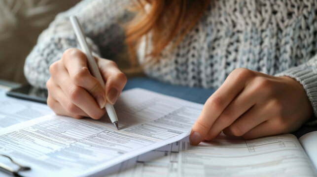 Closeup woman filling form of Individual Income Tax Return,
