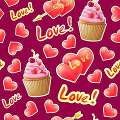 Hearts, cupcakes and cakes with cream and cherries, inscriptions 