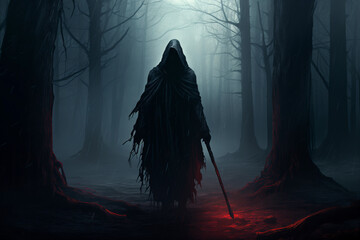 The Grim Reaper in a Hooded Cloak in a Dark Forest - obrazy, fototapety, plakaty