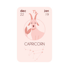 Astrological Horoscope card with Capricorn zodiac constellation, birth date, sign and symbol, beige colors vector design