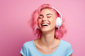Young pink haired woman over isolated colorful background listening music with headphones