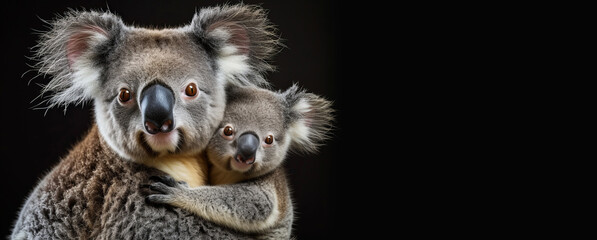 A banner with two koalas in a close embrace, exuding a sense of warmth and affection against a black background, with copy-space