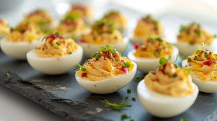 A close-up deviled eggs, with their creamy texture and flavorful filling, making them an irresistible appetizer option - 733928746