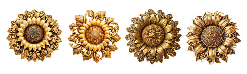 4 Old fashioned sunflower brooch made of gold with intricate design set against a transparent background - obrazy, fototapety, plakaty