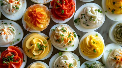 Top view deviled eggs with a variety of toppings and fillings different tastes, colors and textures - obrazy, fototapety, plakaty