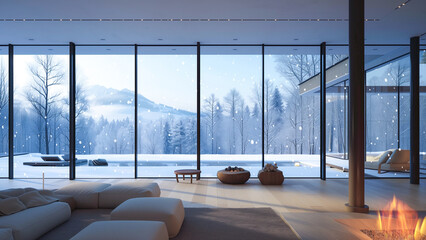 Luxurious living room with a warm fireplace and snowfall view. - obrazy, fototapety, plakaty