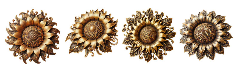 4 Old fashioned sunflower brooch made of gold with intricate design set against a transparent background - obrazy, fototapety, plakaty
