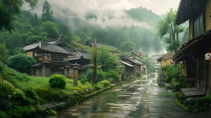 Fototapeta premium A wallpaper background of old traditional village in asia country landscape illustration. Generative AI