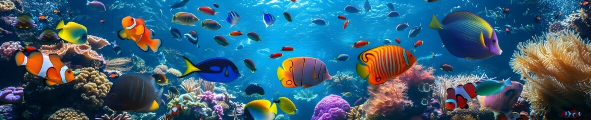 Obraz na płótnie Canvas Tropical sea underwater fishes on coral reef. Aquarium oceanarium wildlife colorful marine panorama landscape nature snorkel diving. Generative AI