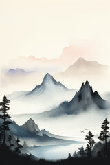 A watercolor landscape of serene mountains. Chinese style classical traditional ink painting.