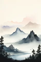 Rollo A watercolor landscape of serene mountains. Chinese style classical traditional ink painting. © ekim