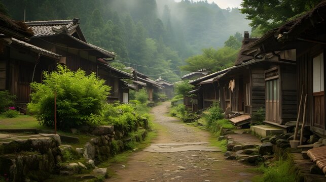 A wallpaper background of old traditional village in asia country landscape illustration. Generative AI