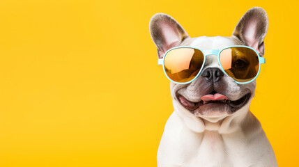 Stylish French bulldog with sunglasses on a yellow background
