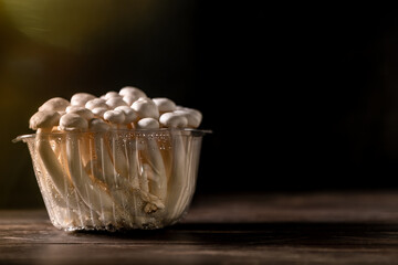 Closeup of a bunch of shimeji mushrooms on wooden board, with selective focus