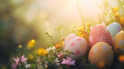 Hand-painted Easter eggs nestled in a vibrant spring garden. Easter celebration with colorful eggs among fresh flowers.
