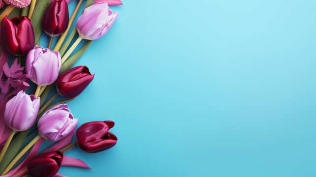 Vibrant tulip arrangement in shades of pink and magenta on a blue background with space for text. Fresh spring floral decoration with a variety of colorful tulips.