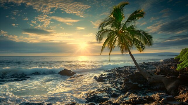 Tropical Beach with Palm Trees wallpaper background nature landscape photography at the sea ocean. Generative AI