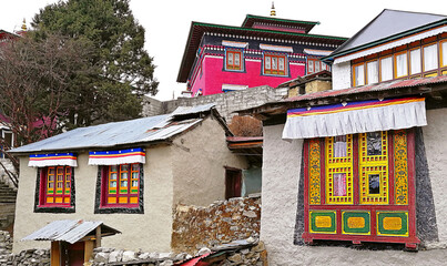 Interesting pattern on the windows of Tengboche Buddhist Monastery. Trekking to Everest base camp, Khumbu valley, Solukhumbu, Nepal