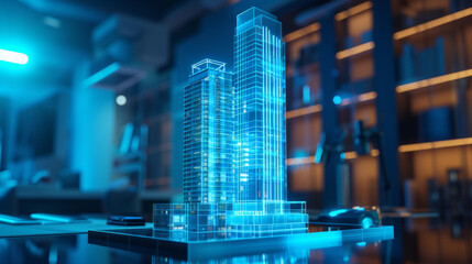 a concept holo 3d render model of a big living house on a table in a real estate agency. signing mortgage contract document. futuristic business. blurry background - obrazy, fototapety, plakaty