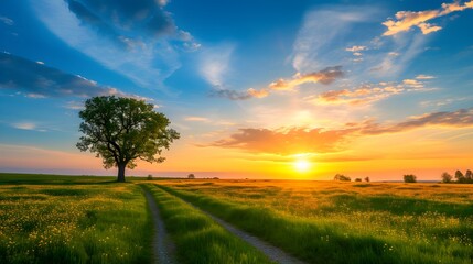 Obraz premium A nature landscape of beautiful sunlight, long shot, a big tree on field. Generative AI