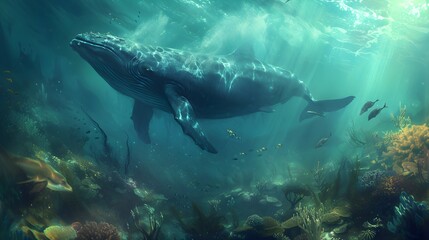 Naklejka premium A whale swims in the deep blue sea among other small fish. Generative AI