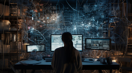 
In the realm of technology, a woman programmer engrossed in her work gazes at a computer screen, delving into the intricacies of programming and digital design.