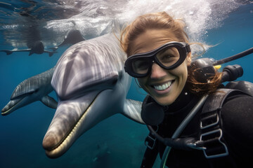 Woman in diving gear close to a dolphin underwater