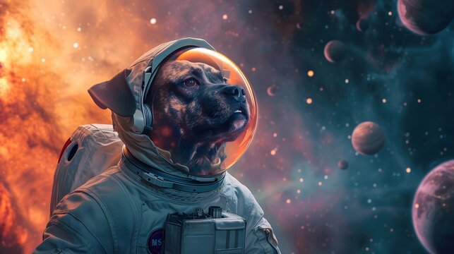 A Pit bull dog astronaut in space wearing a white spacesuit and helmet, surrounded by stars and planets in the dark night sky, with a futuristic robot. Generative AI