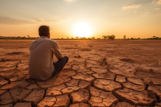 Man observing sunset over parched earth climate awareness