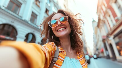 An influencer woman take a selfie and smiling. City traveling vlog. Generative AI