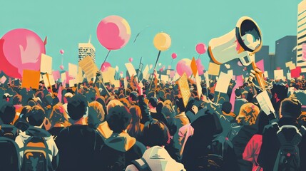 Poster of crowd of protesters, with placards and megaphone. AI generative.
