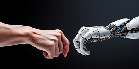 Human hand and robot hand reaching towards each other against a dark background