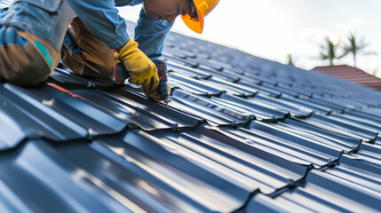 Construction worker install new roof. Roofing tools. Electric drill used on new roofs with metal sheet

