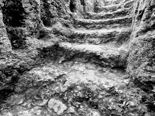 Black and white photo of weather and foot worn medieval stone steps revealed from an archaeological...