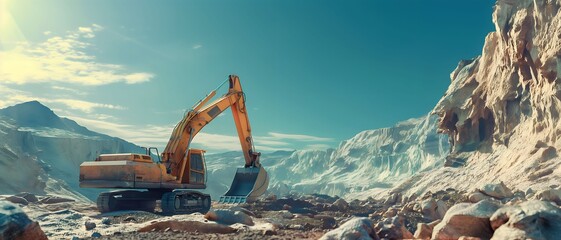 excavator loads the ground in the stone crusher machine during earthmoving works outdoors at mountains construction site. Creative Banner. Copyspace image  - obrazy, fototapety, plakaty