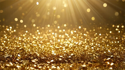 Gold glitter. Golden sparkle confetti. Shiny glittering dust with sun light coming from the top
