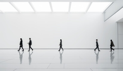 Silhouettes of people walking in a row in a minimalist white space