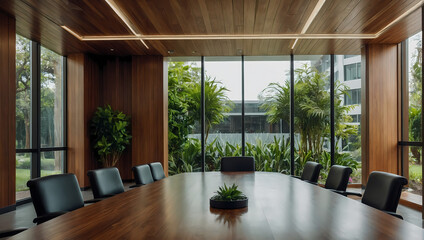 A modern office's meeting conference room, emphasizing wooden walls, beautiful office furniture, and a garden view through expansive window glass.