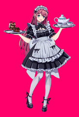 Cheerful girl in maid cafe uniform carries trays color vector character. Lovely anime woman offers cakes and tea on pink background. Japanese service