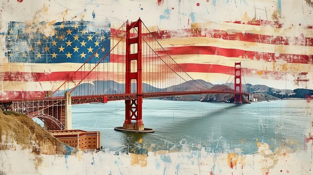 Golden Gate Bridge, Usa.  double exposure contemporary style minimalist artwork collage illustration. Ai generative.