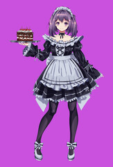 Smiling girl in maid cafe dress color cartoon character. Short-haired anime woman carries tray with cake on purple background. Kawai illustration