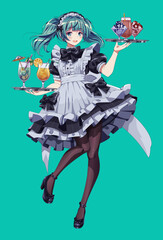 Pretty girl in maid cafe dress with trays color vector character. Anime woman carries desserts and drinks on green background. Japanese culture