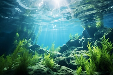 Underwater paradise with sunlight beaming through the water's surface