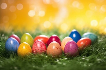 Fototapeta na wymiar Colorful Easter eggs on grass as background header. Generative AI