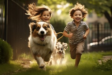Children playing with their dog