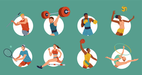 Happy athletes avatars color vector icon big set. Sports persons performing sports exercises in summer illustration pack on green background - obrazy, fototapety, plakaty