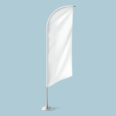 Flattering blank textile flag on metal pole stand realistic vector illustration. Fabric business table banner waved by wind 3d model on blue background - obrazy, fototapety, plakaty