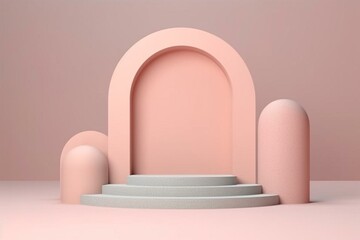 Pastel scene with geometric forms and an arch on a round podium. Minimal background with a pastel platform. 3D render. Generative AI