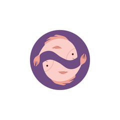 Pisces zodiac symbol, Astrological zodiac vector icon in purple circle frame, two fishes sticker, Pisces Horoscope sign
